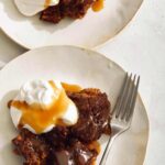 Sticky Toffee pudding recipe in two plates with a fork.