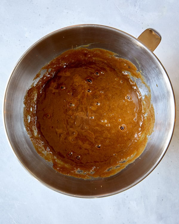 Dates and batter in a bowl for sticky toffee pudding.