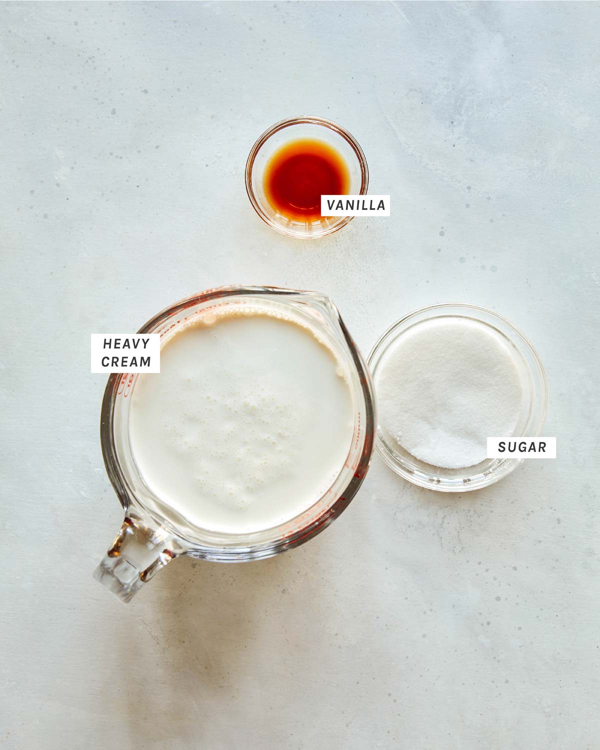 Sweet cream ingredients all laid out on a kitchen counter. 