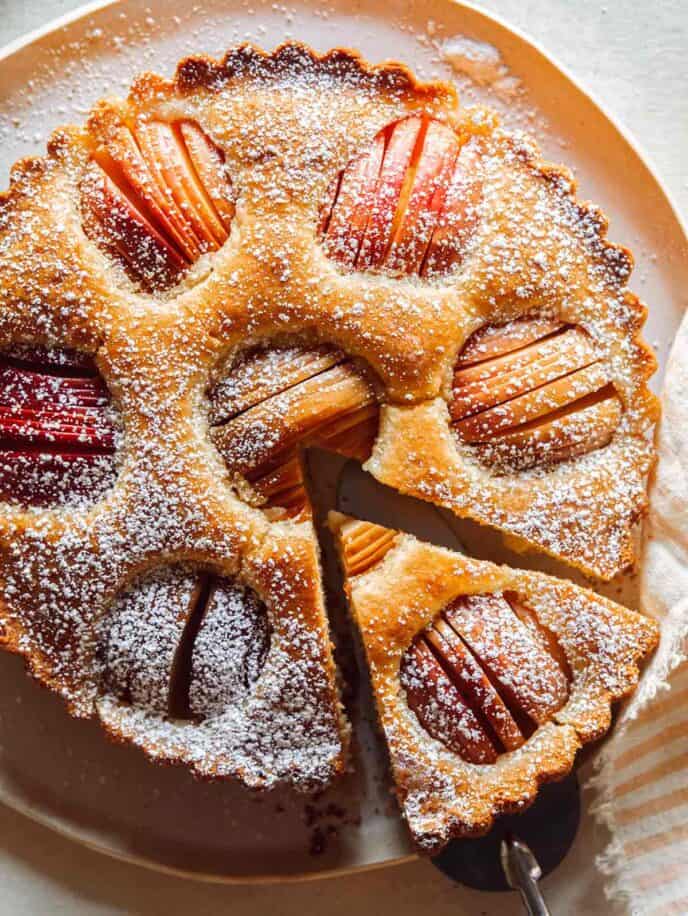 German apple cake with a slice pulled out.