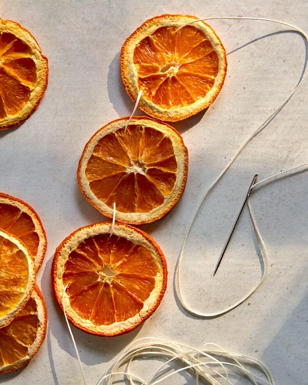 Dehydrated citrus wheels strung on twine. 