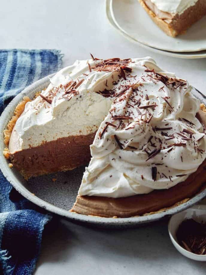 French silk pie with a slice taken out.