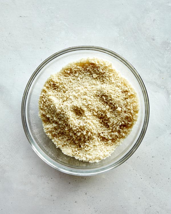 Panko breadcrumbs in a glass bowl to make buffalo cauliflower.