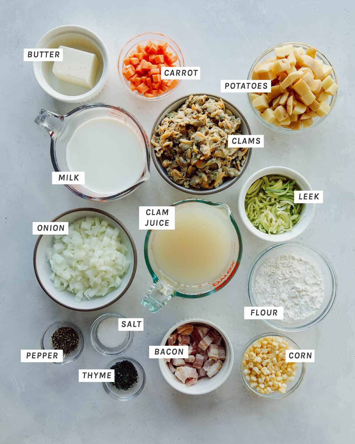 Clam Chowder recipe ingredients all laid out to make. 