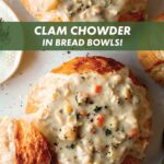 Close up on a bread bowl with clam chowder.