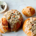 Two bowls of clam chowder.