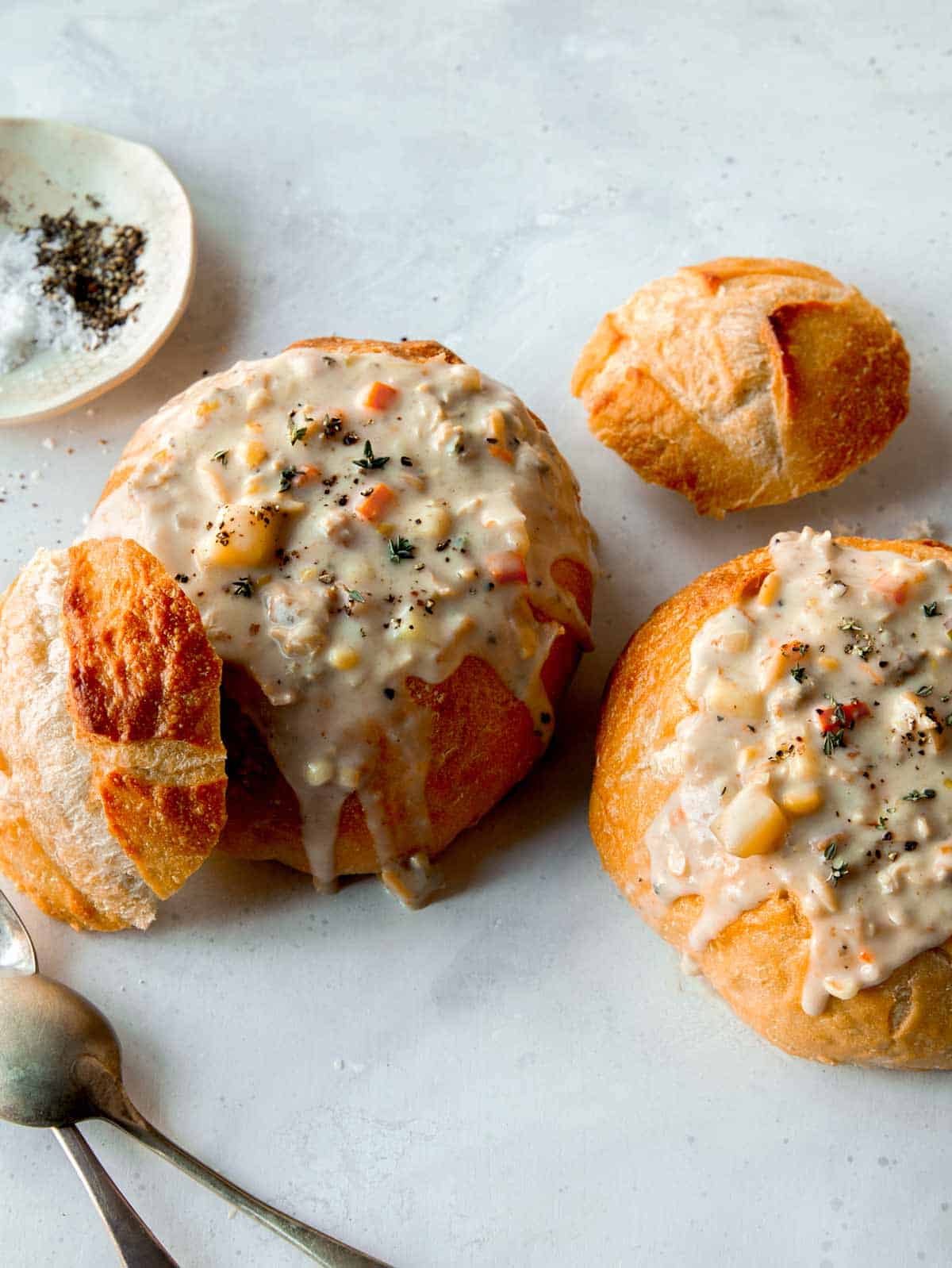 Clam chowder in bread bowls. 