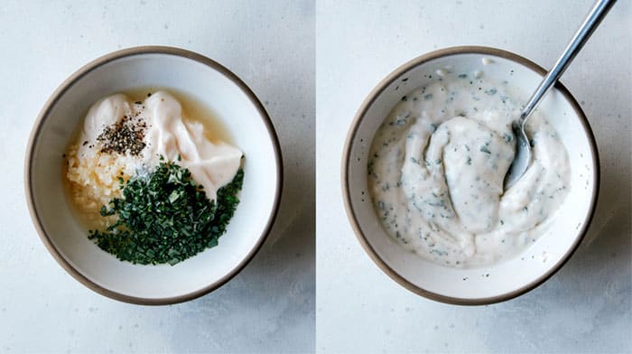 Aioli mixed together in a bowl with a spoon.