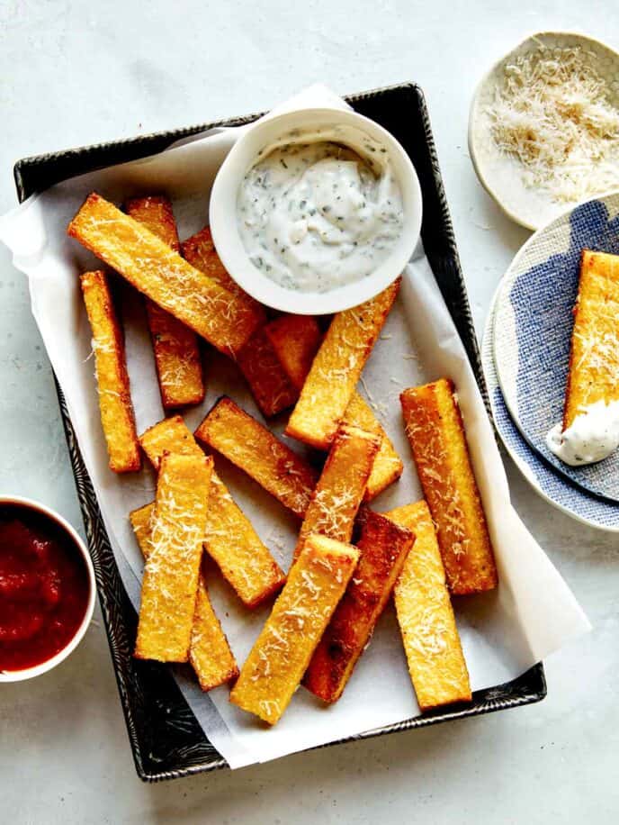 Polenta fries with a variety of dipping sauces. 