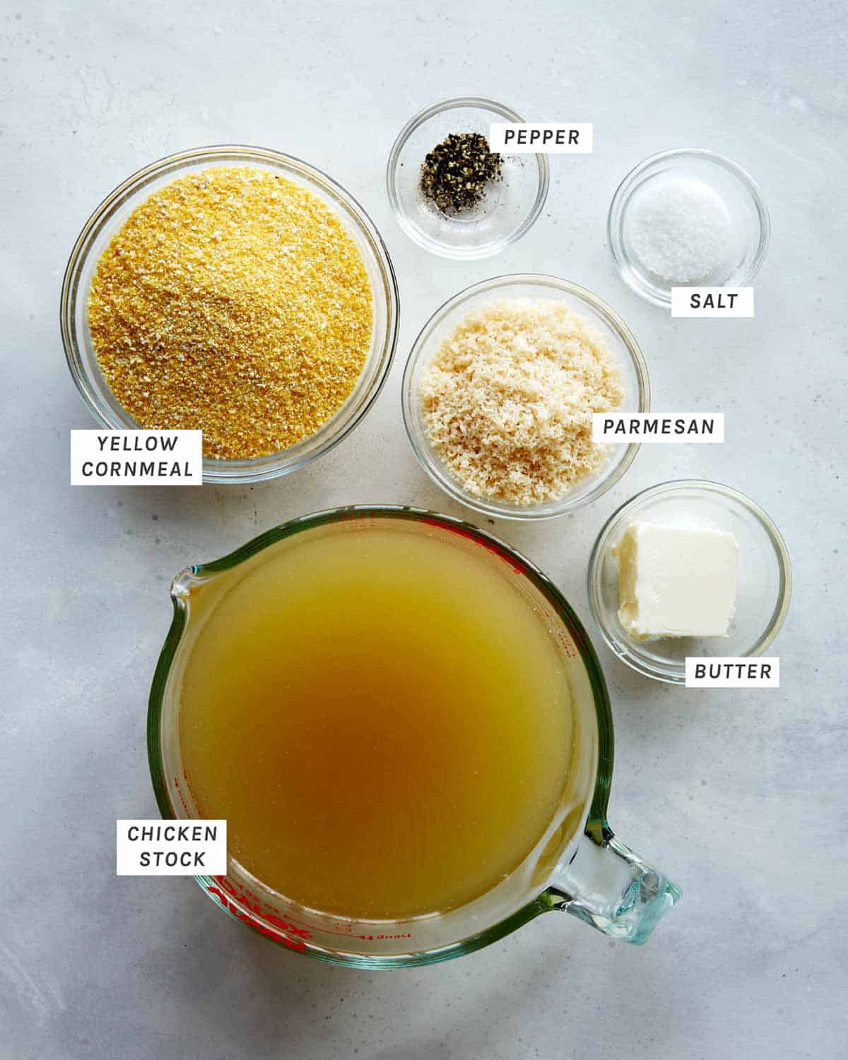Polenta fries ingredients laid out on a counter.
