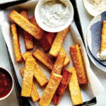 Close up on polenta fries with aioli.