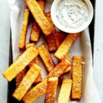 Close up on polenta fries with aioli.