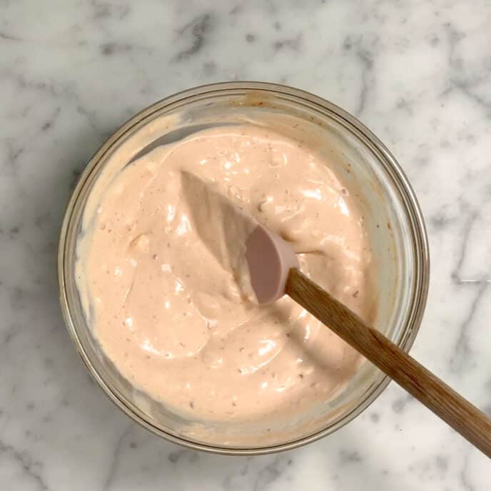 Popeyes chicken sandwich recipe sauce in a bowl combined.