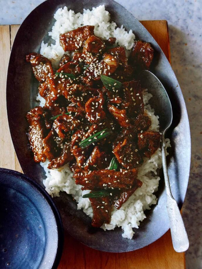 Mongolian Beef recipe in a platter ready to be served.