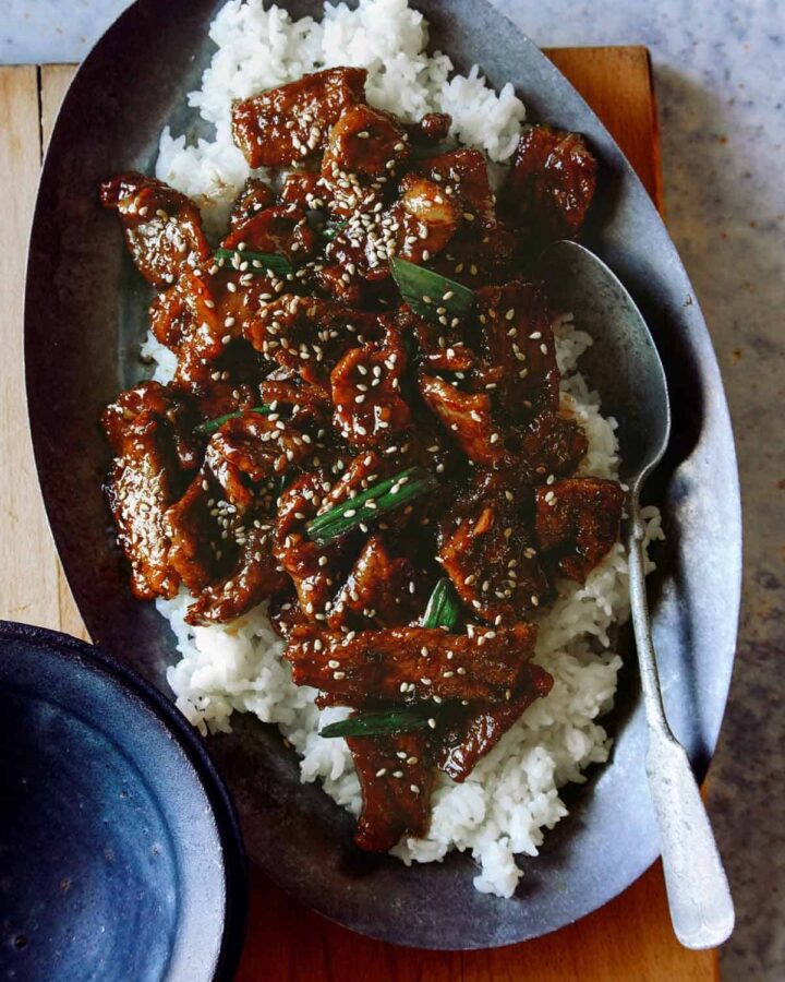 Mongolian Beef recipe in a platter ready to be served.