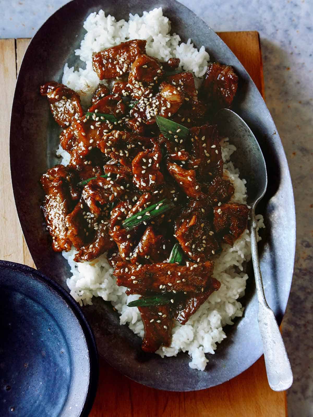 Mongolian Beef recipe in a platter ready to be served. 