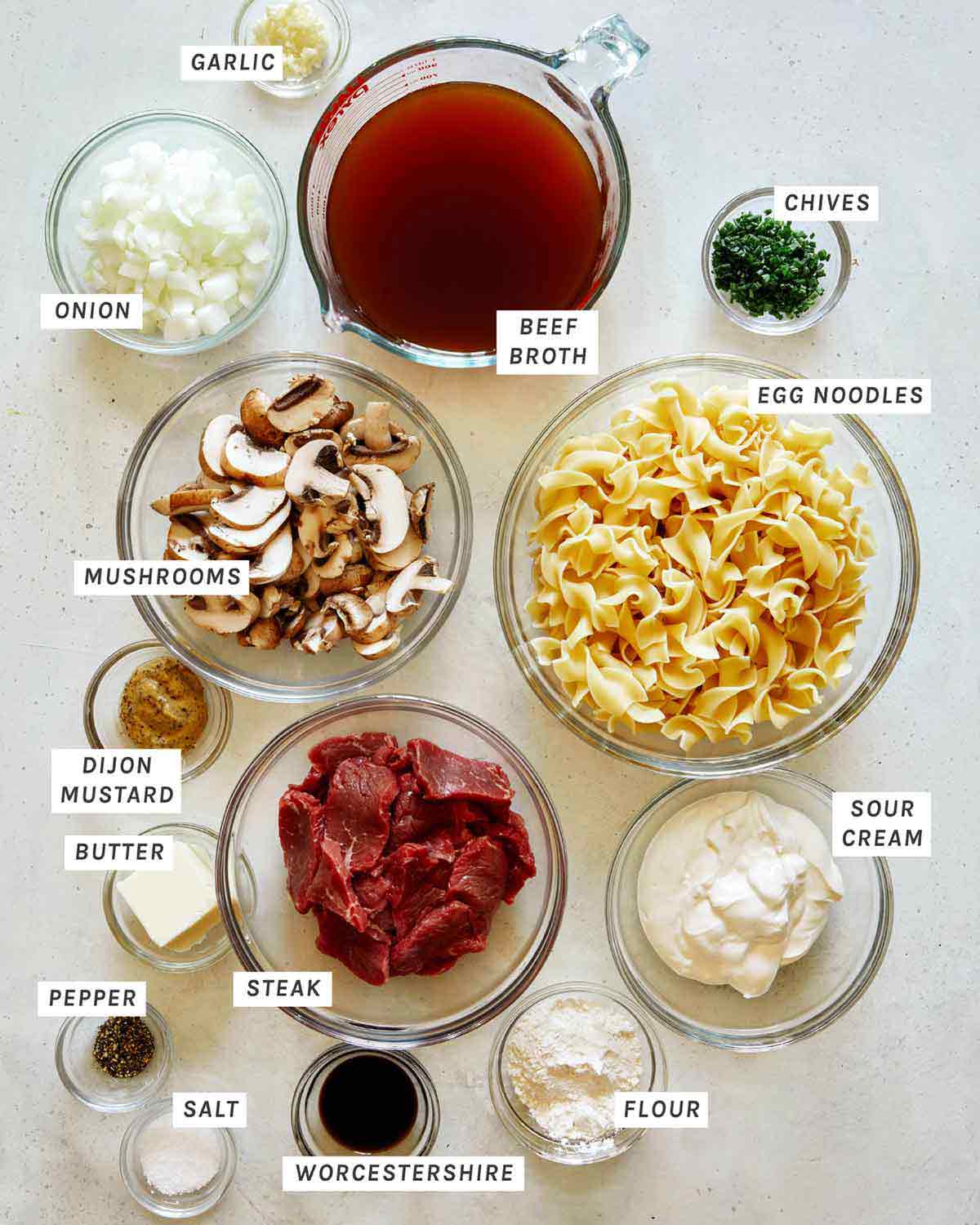 Ingredients for Beef Stroganoff on a kitchen counter.