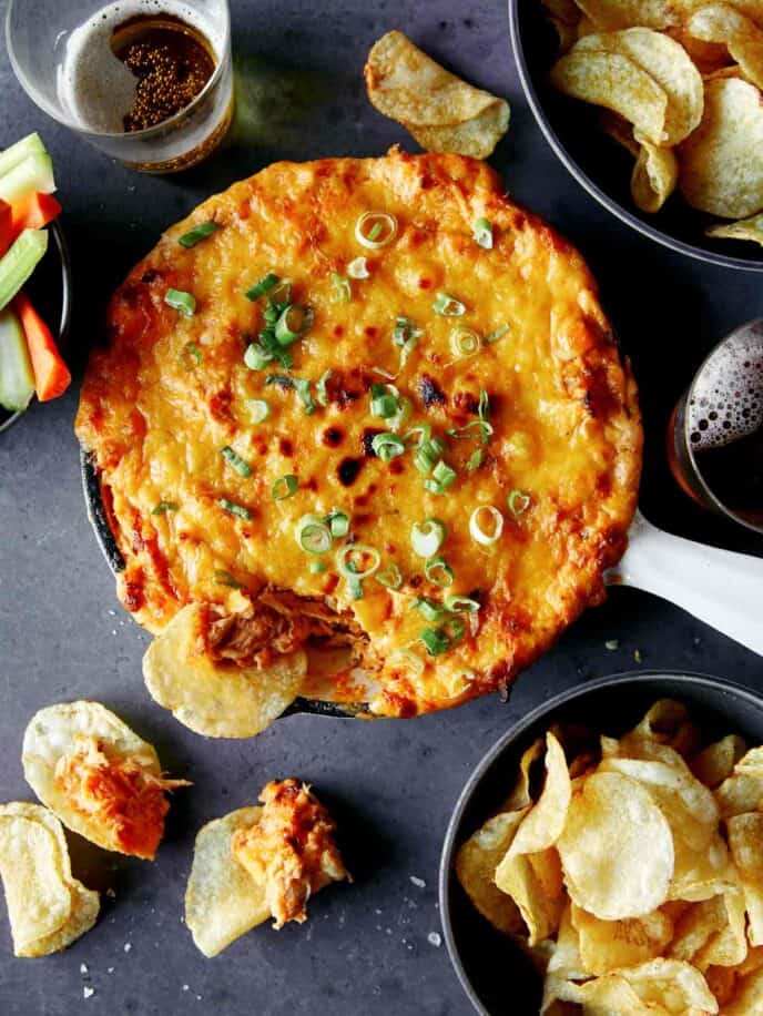 Buffalo Chicken Dip with potato chips.