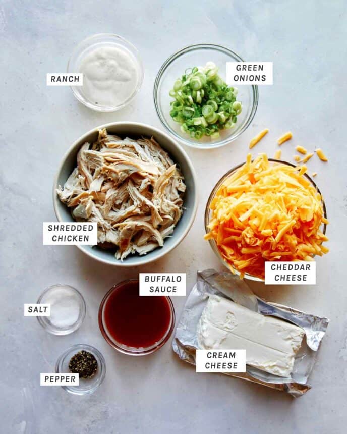 Buffalo Chicken Dip ingredients all laid out.