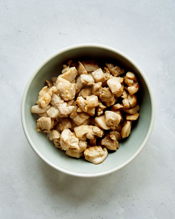Cooked chicken in a bowl.