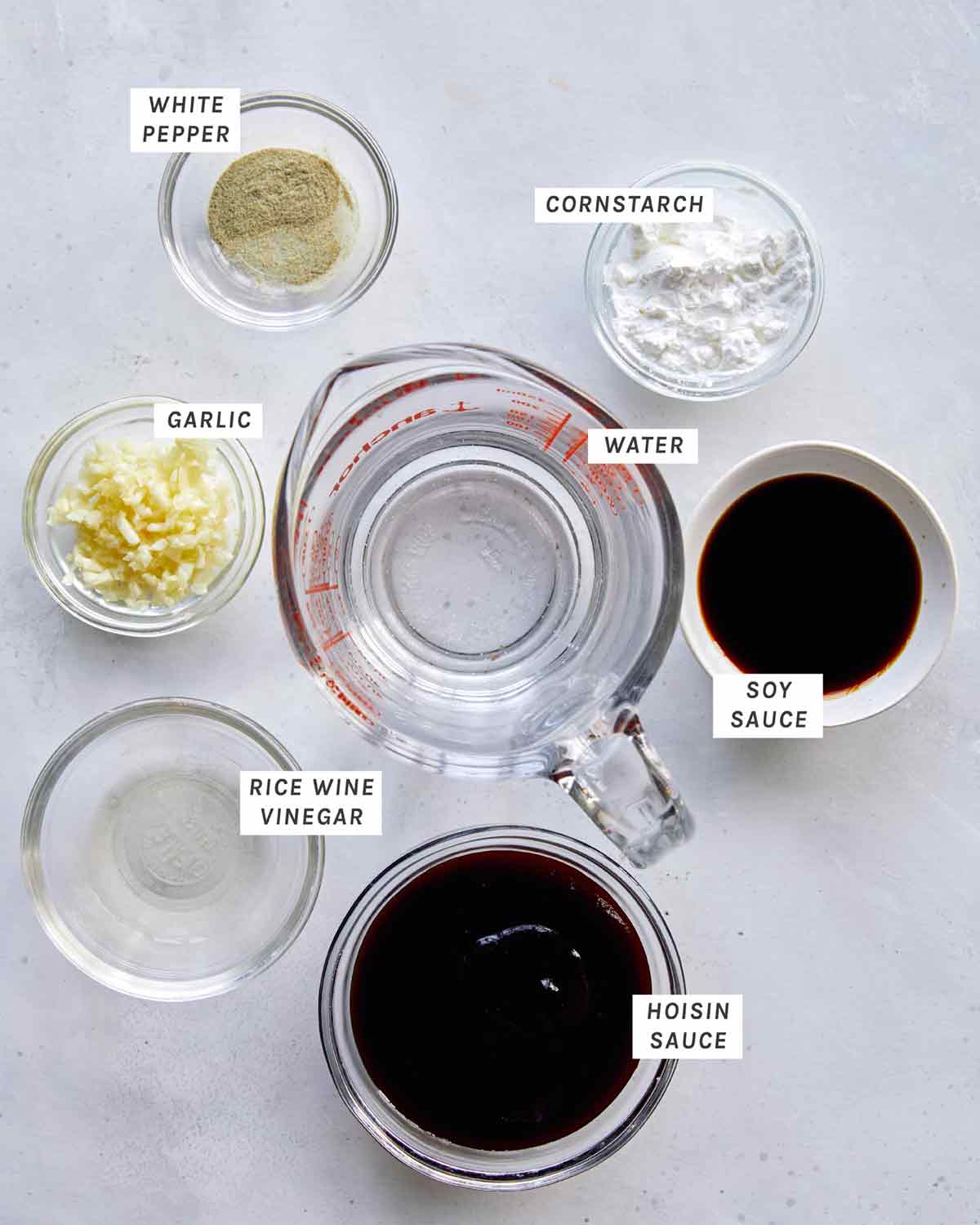 Cashew chicken sauce ingredients on a kitchen counter. 