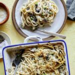 Chicken tetrazzini in a baking dish.