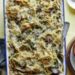 Baked chicken tetrazzini with a spoon in it.