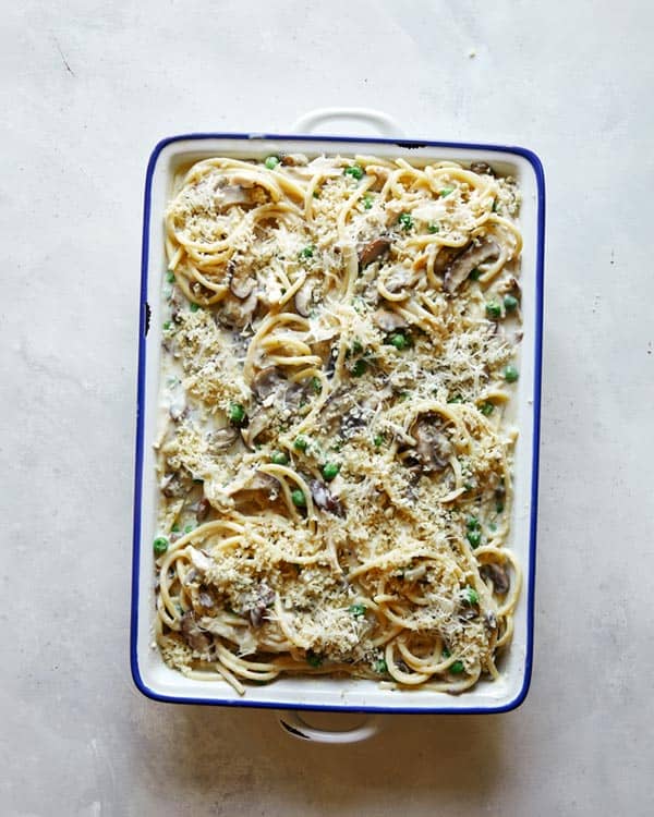 Chicken tetrazzini in a baking dish.