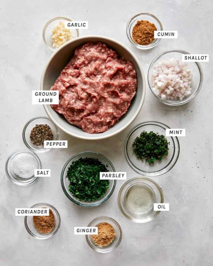 Lamb Kofta ingredients laid out on a kitchen counter. 