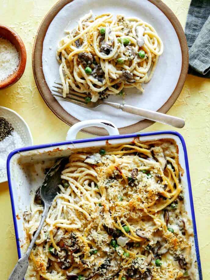 Chicken tetrazzini in a baking dish.