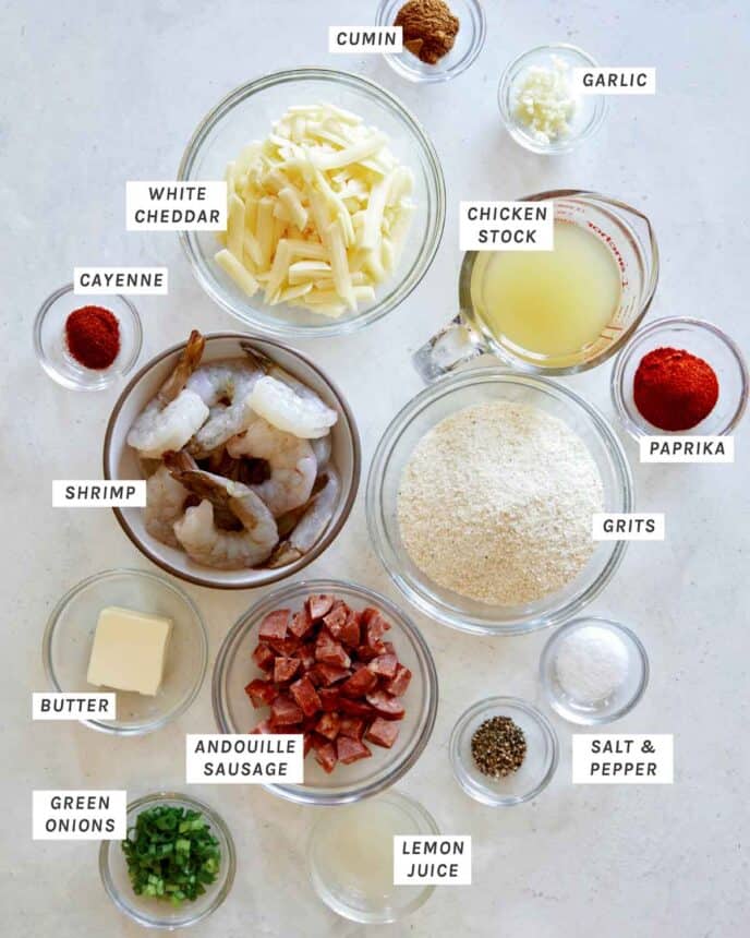 Ingredients for Shrimp and Grits in a kitchen.