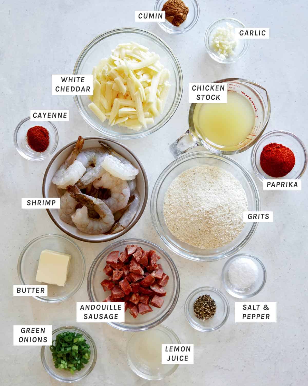 Ingredients for Shrimp and Grits in a kitchen.