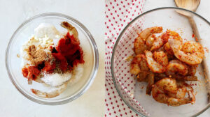 Seasoned shrimp in a glass bowl for shrimp and grits.