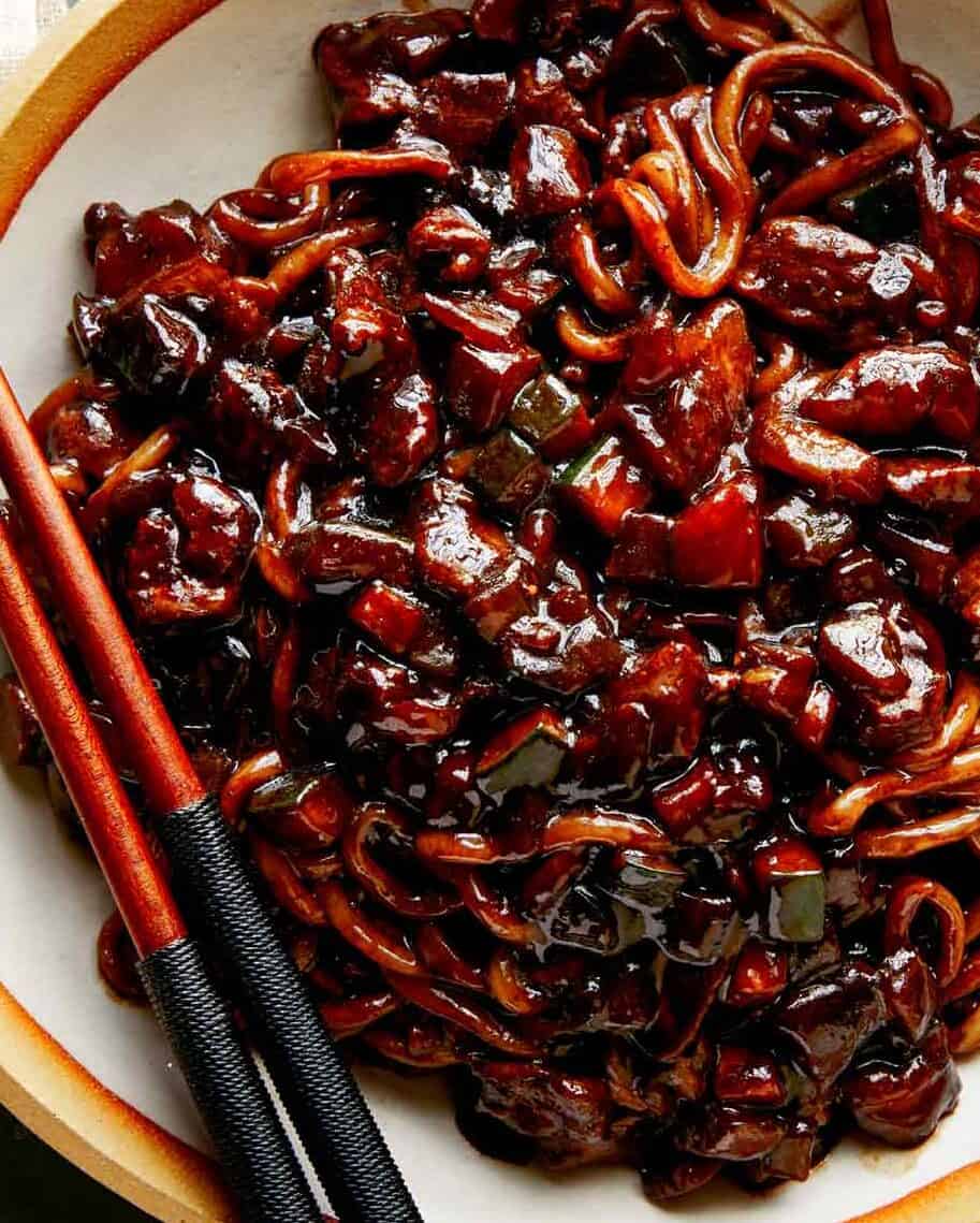 Jajangmyeon recipe in a bowl close up.