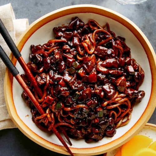 Jajangmyeon recipe in a bowl with chopsticks.