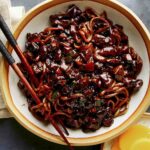 Jajangmyeon recipe in a bowl close up.