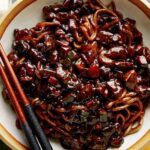 Jajangmyeon recipe in a bowl close up.