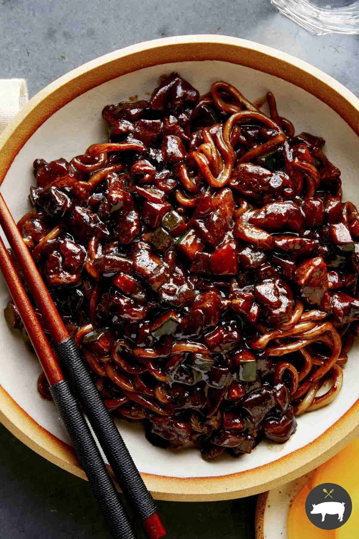 Jajangmyeon (Noodles with Black Bean Sauce) Spoon Fork Bacon