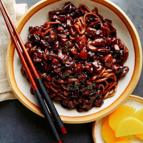 Jajangmyeon (Noodles with Black Bean Sauce) Spoon Fork Bacon
