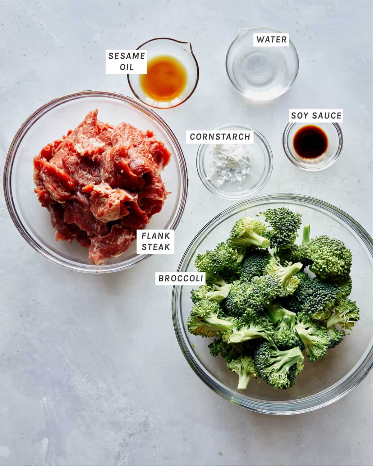 Beef and Broccoli ingredients on a kitchen counter. 