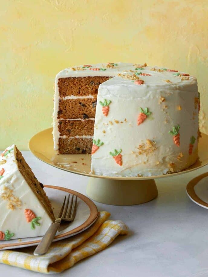 Carrot cake recipe on a cake stand with a slice out.