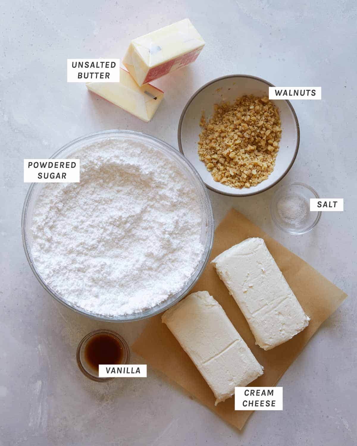 Cream cheese frosting ingredients on a counter.  