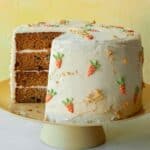 Carrot cake recipe on a cake stand.