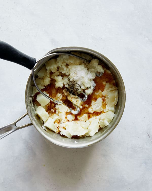 Mashed potatoes in a pot for Colcannon recipe.