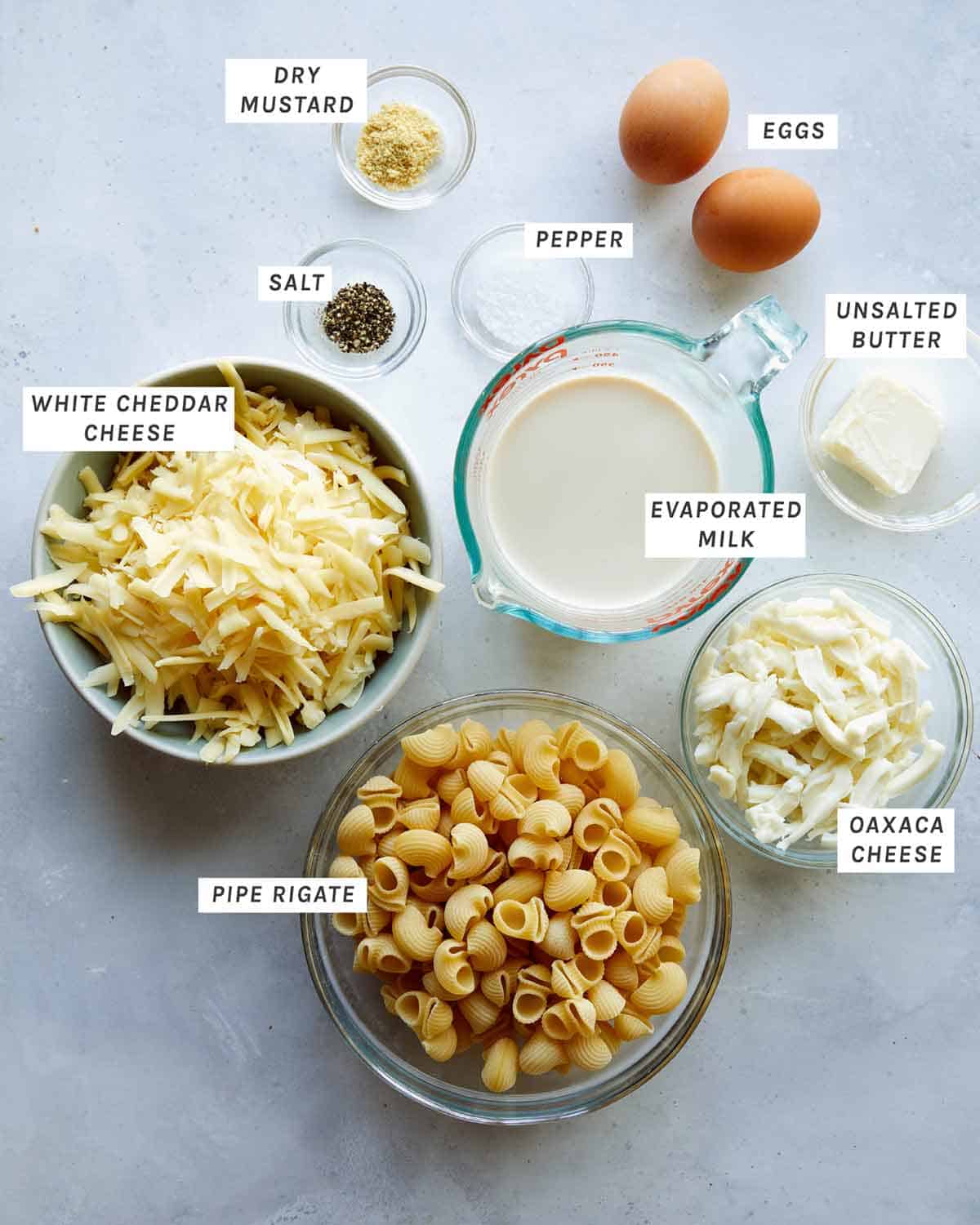 Ingredients to make stovetop mac and cheese on a kitchen counter. 