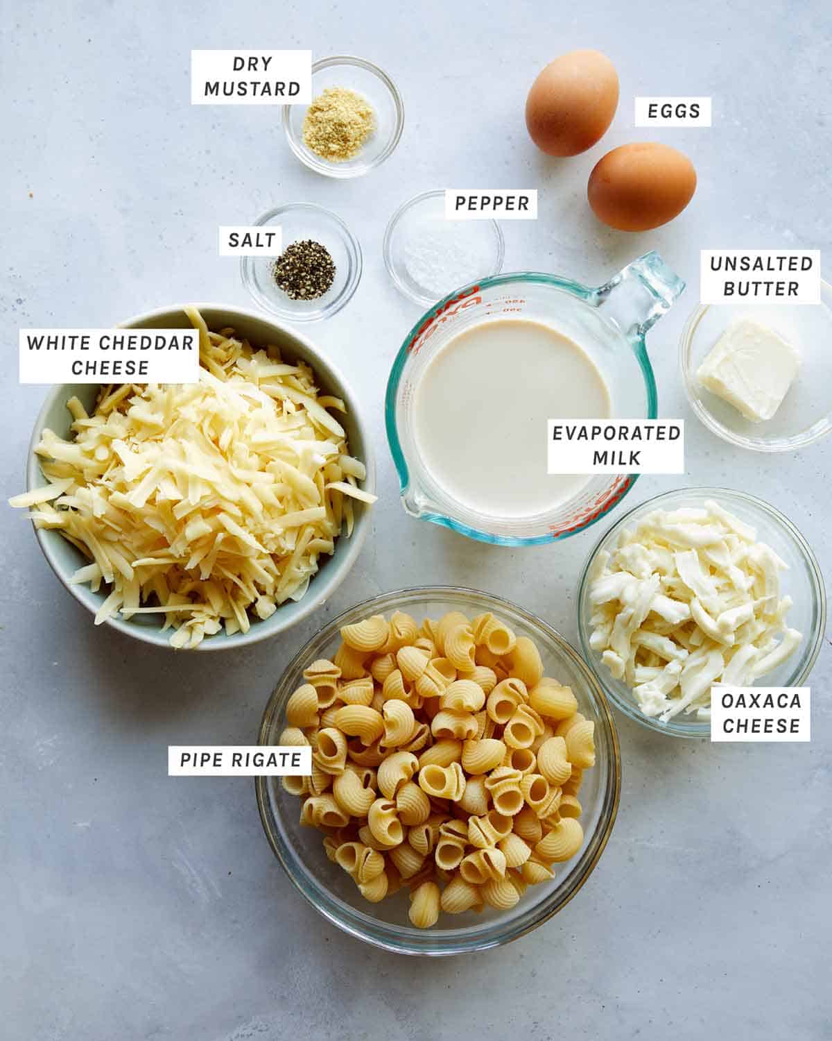 Ingredients to make stovetop mac and cheese on a kitchen counter.