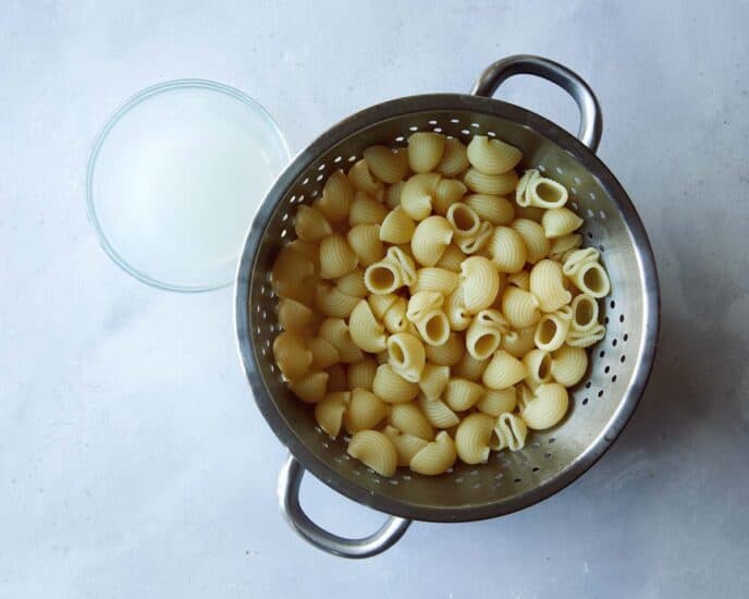 Pasta  for stovetop mac and cheese in a colander drained. 