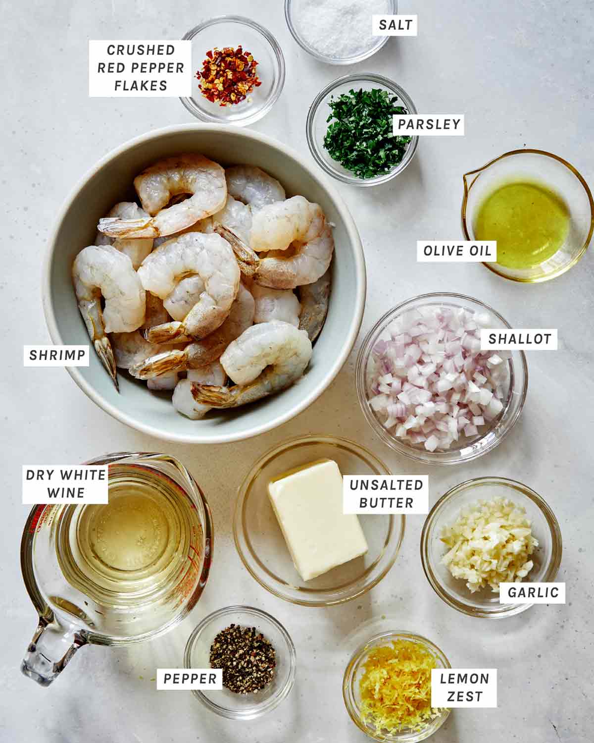 Shrimp scampi ingredients in a kitchen. 