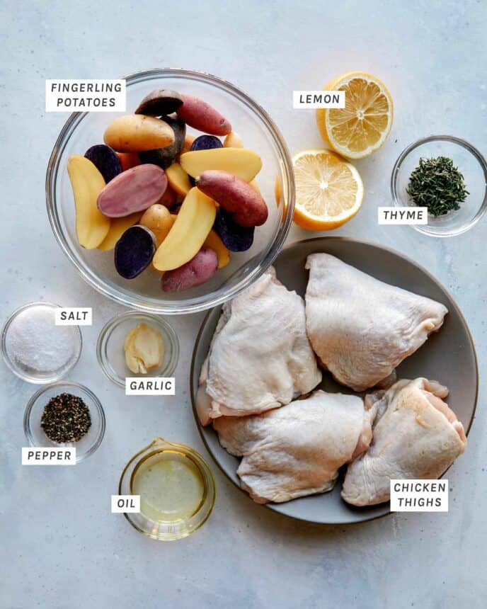 Crispy chicken thigh ingredients on a kitchen counter.  