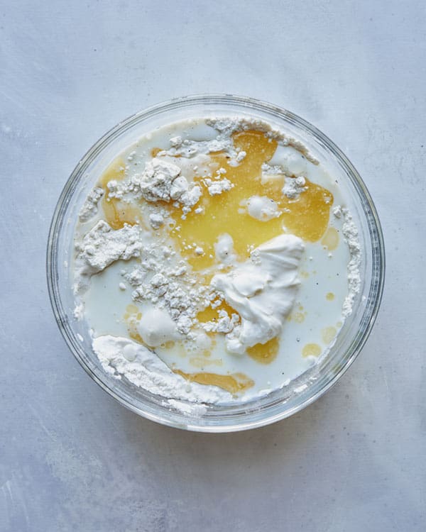 Ingredients for drop biscuits in a bowl.